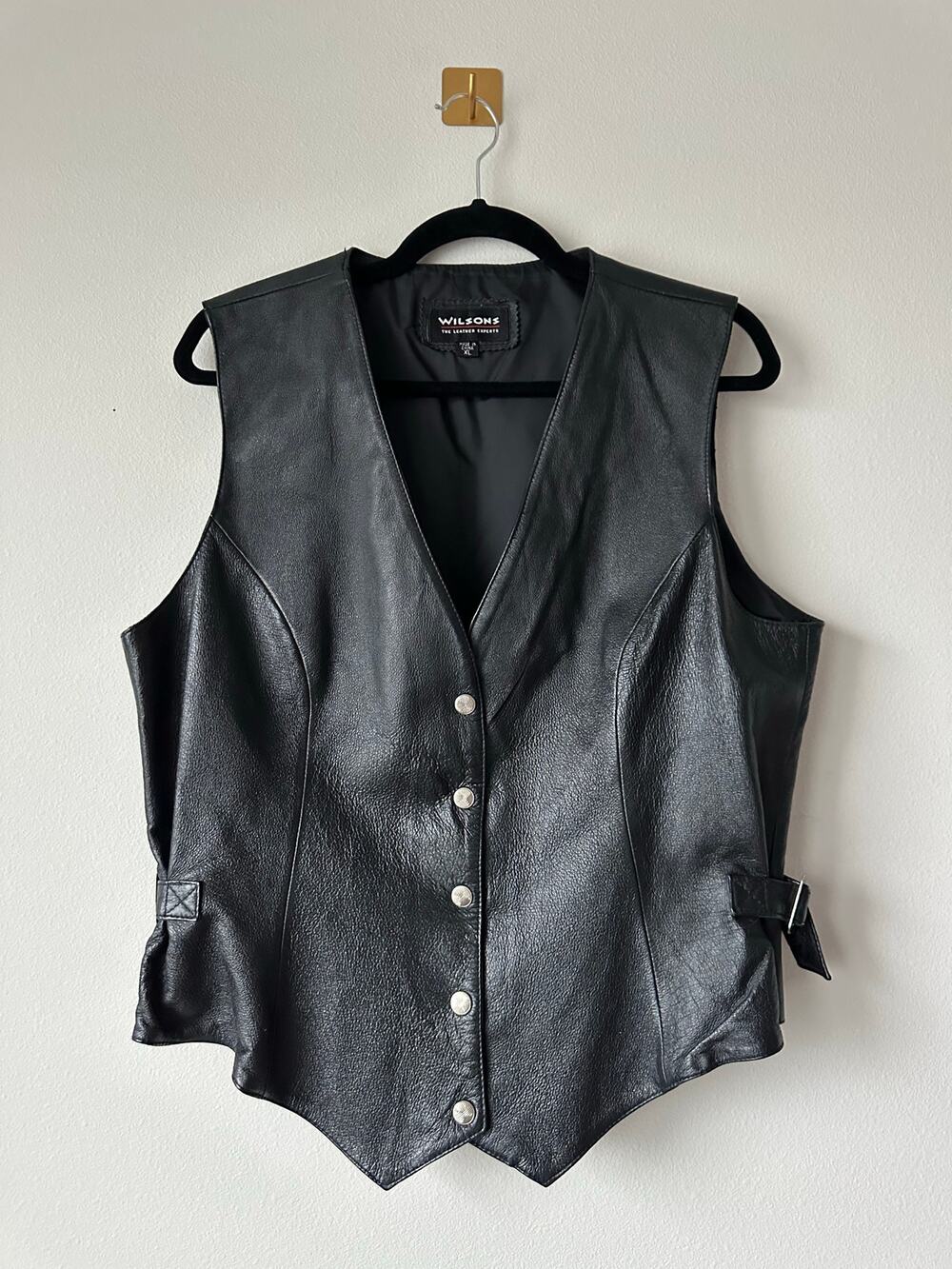 Vintage 90s Wilsons Black Leather Vest Snap Front Biker Moto Genuine Leather  XL